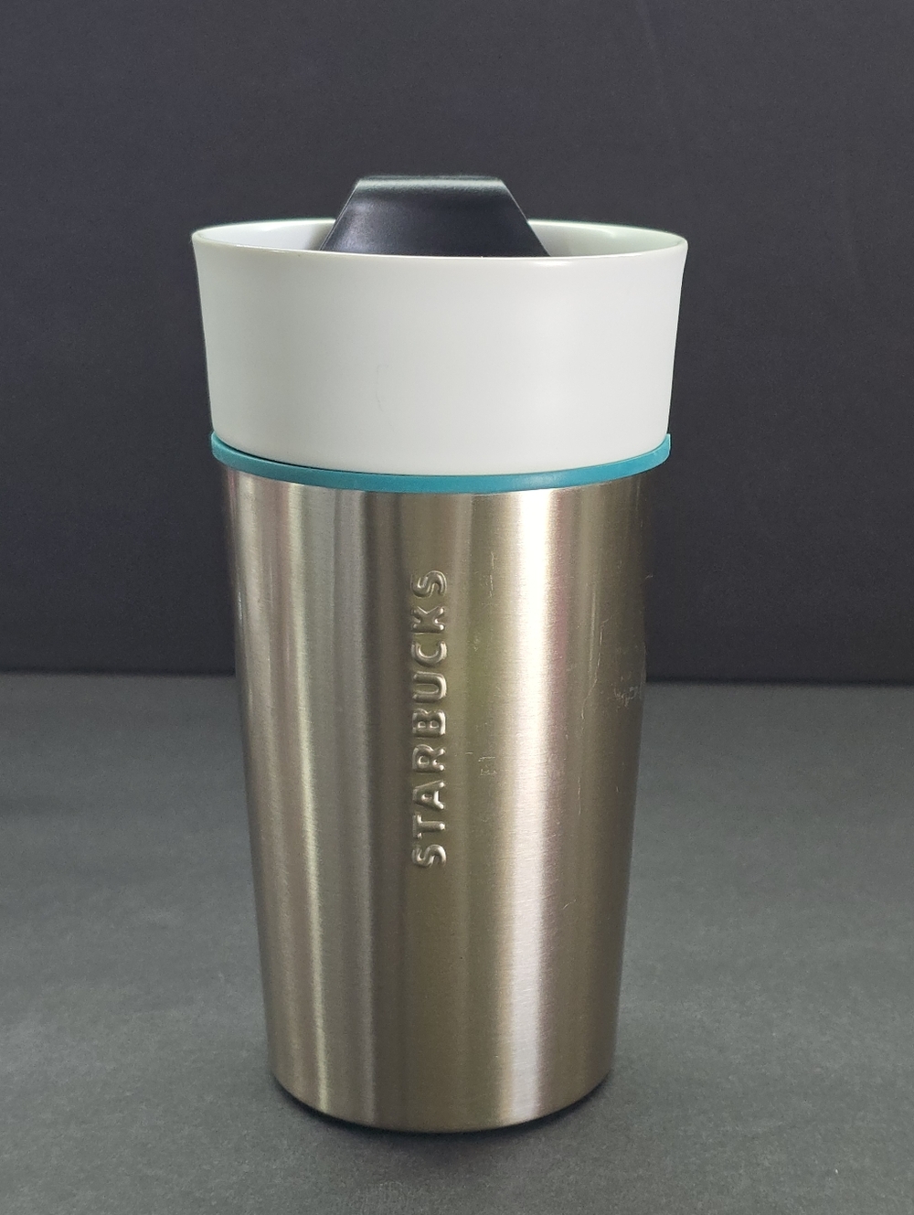 2013 Starbucks Gold With White Top Stainless Ceramic Tumbler Travel Mug 12oz SEE